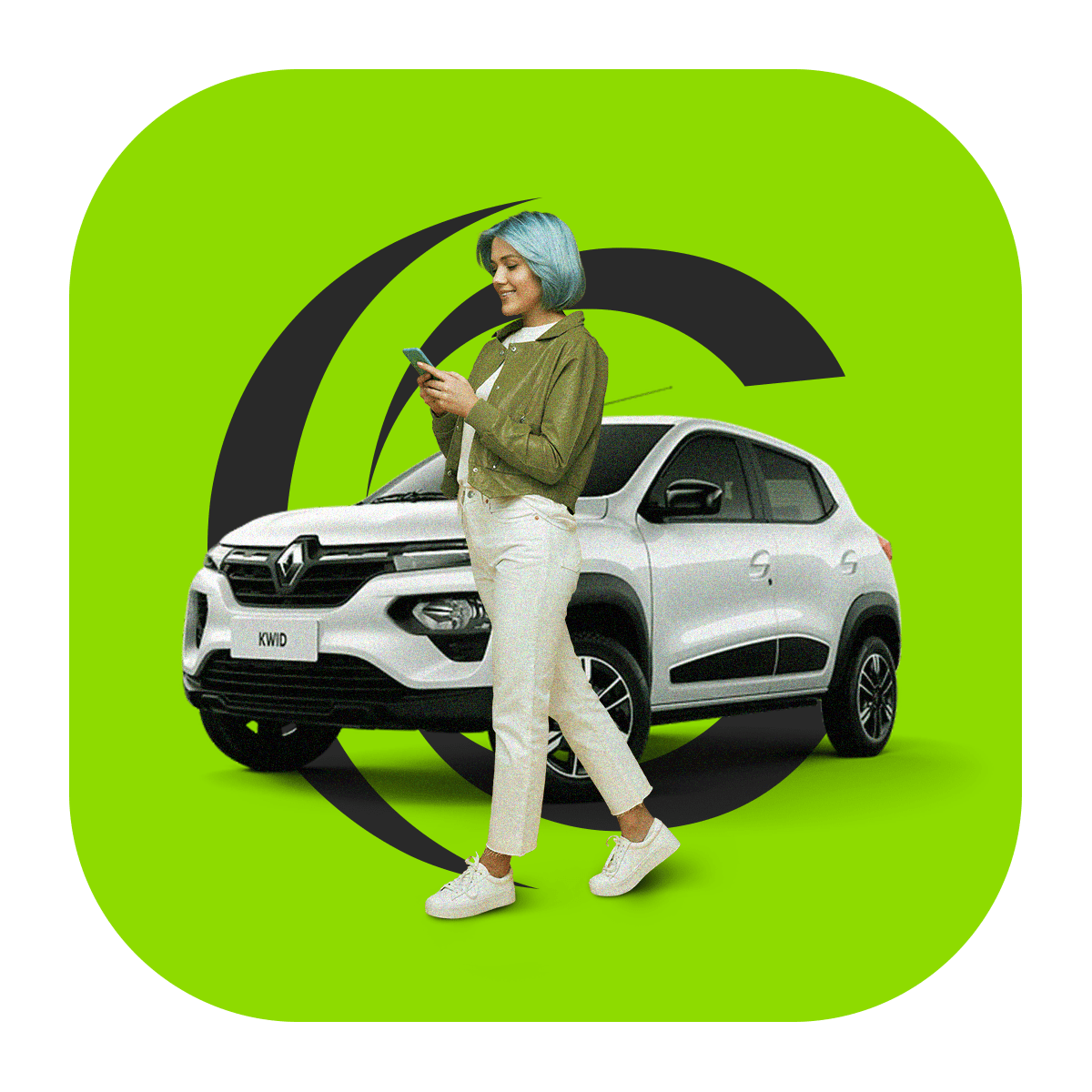 Mulher branca em pé usando o celular na frente de um carro