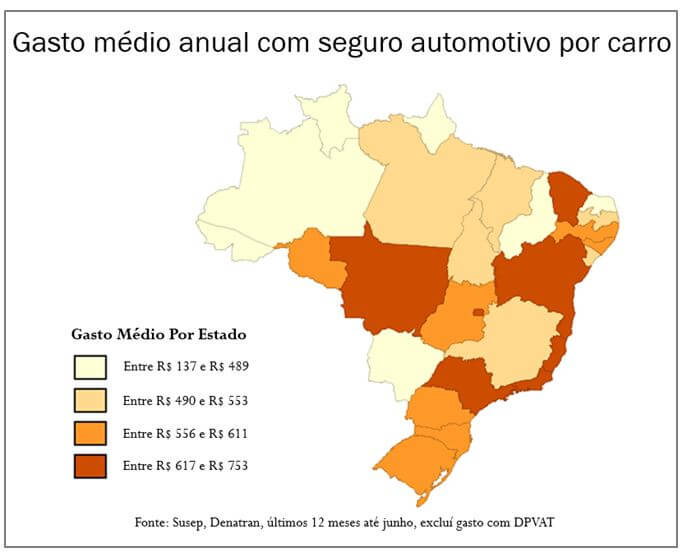 Preço do seguro no Brasil, segundo levantamento da Minuto