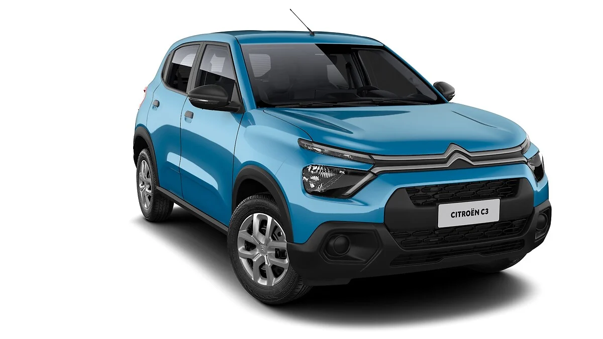 Imagem de um Citroen C3 azul. 